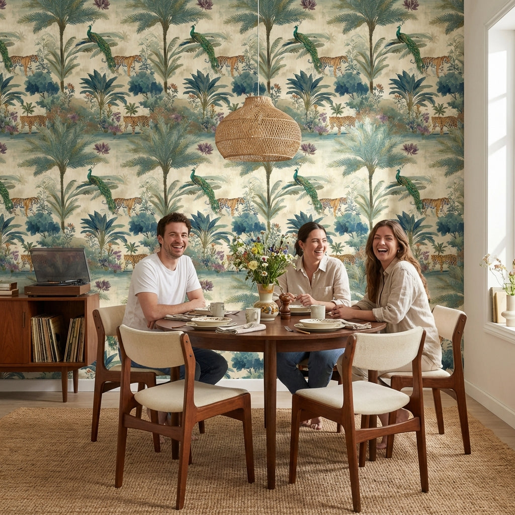 Tropikal Hayvanlı Duvar Kağıdı Yeşil Palmiye Desenli