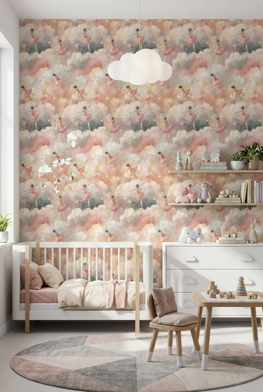 Balerinli Bulut Desenli Duvar Kağıdı Pastel Çocuk Odası