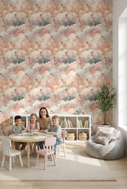 Balerinli Bulut Desenli Duvar Kağıdı Pastel Çocuk Odası
