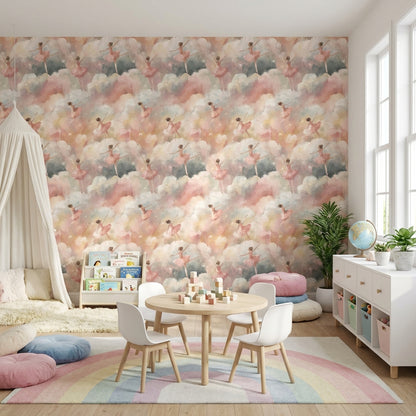 Balerinli Bulut Desenli Duvar Kağıdı Pastel Çocuk Odası