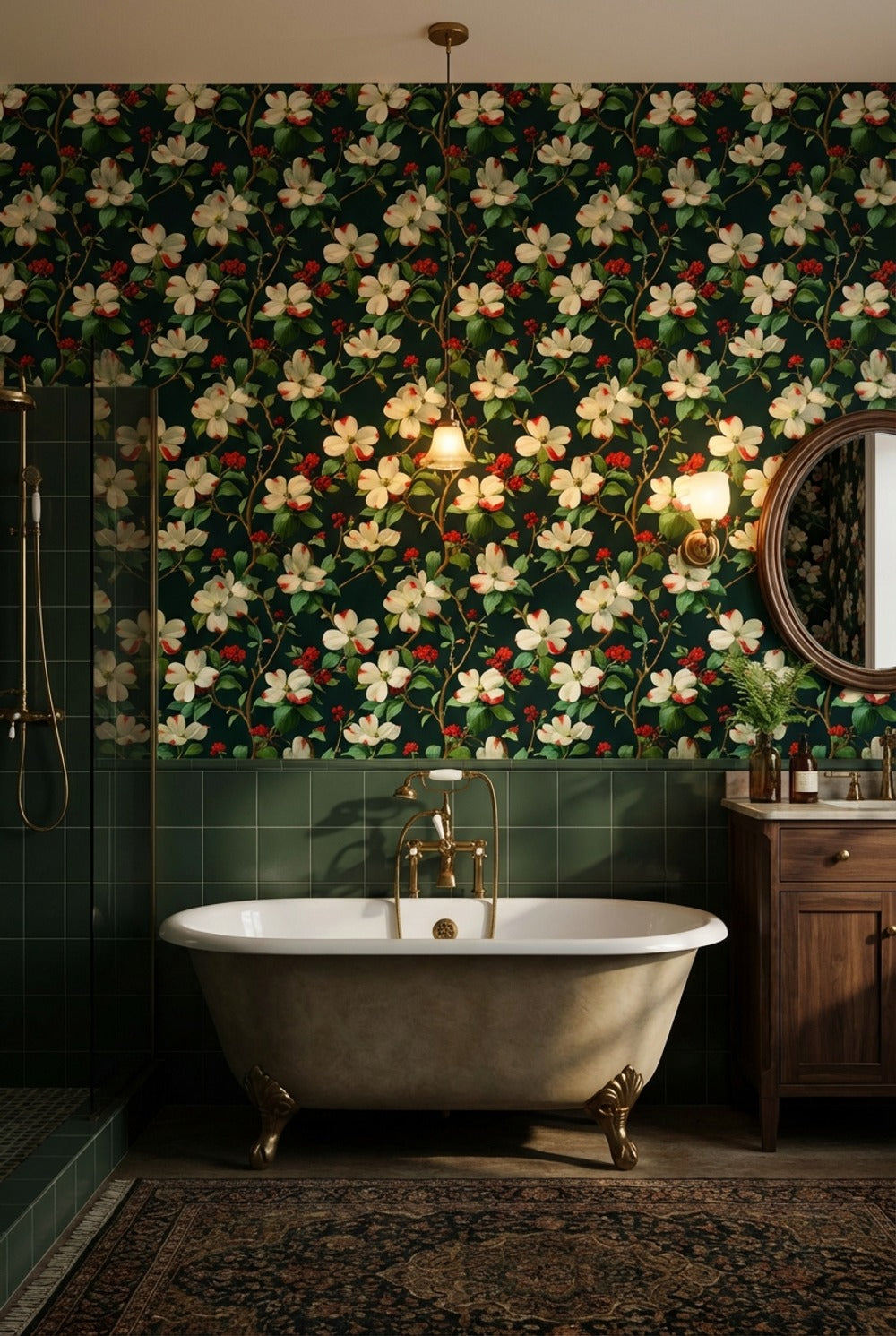 Koyu Yeşil Çiçekli Duvar Kağıdı Klasik Banyo Deseni