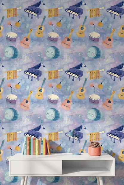Müzik Enstrümanlı Duvar Kağıdı Pastel Mavi Çocuk Odası
