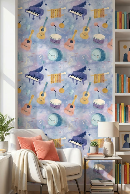 Müzik Enstrümanlı Duvar Kağıdı Pastel Mavi Çocuk Odası