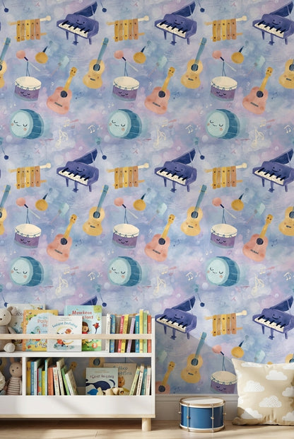 Müzik Enstrümanlı Duvar Kağıdı Pastel Mavi Çocuk Odası