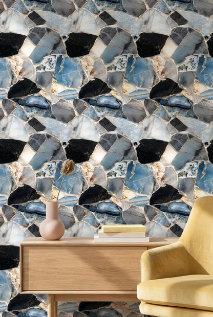 Mavi Taş Görünümlü Duvar Kağıdı Modern Salon Duvarı