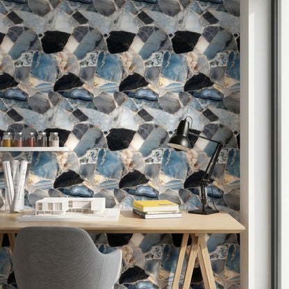 Mavi Taş Görünümlü Duvar Kağıdı Modern Salon Duvarı