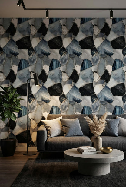 Mavi Mermer Görünümlü Duvar Kağıdı Modern Salon Desenli