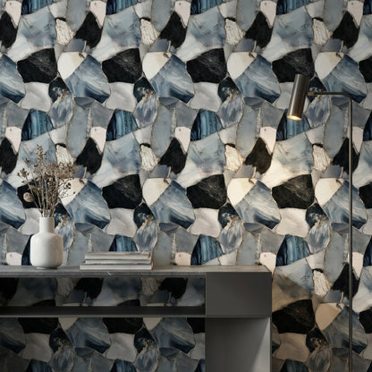 Mavi Mermer Görünümlü Duvar Kağıdı Modern Salon Desenli