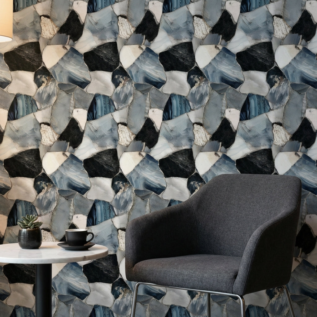 Mavi Mermer Görünümlü Duvar Kağıdı Modern Salon Desenli
