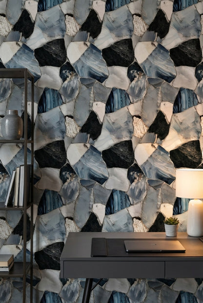 Mavi Mermer Görünümlü Duvar Kağıdı Modern Salon Desenli