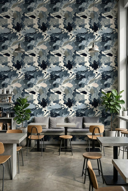 Soyut Mermer Desenli Duvar Kağıdı Mavi Gri Modern Salon