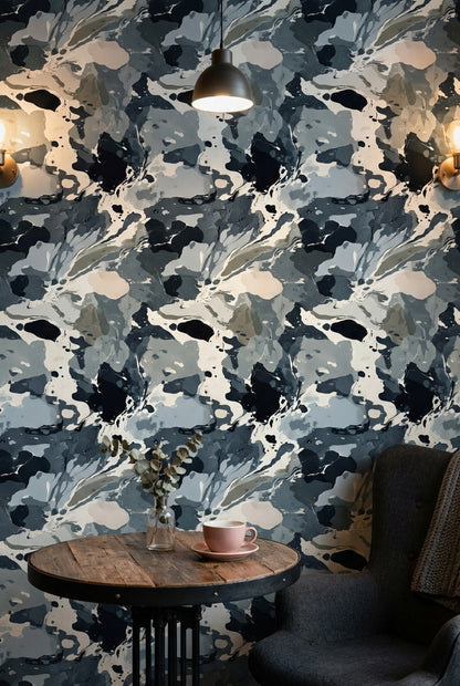 Soyut Mermer Desenli Duvar Kağıdı Mavi Gri Modern Salon