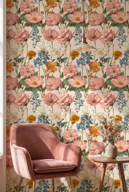 Pastel Çiçekli Duvar Kağıdı Pembe Krem Salon Yemek Odası