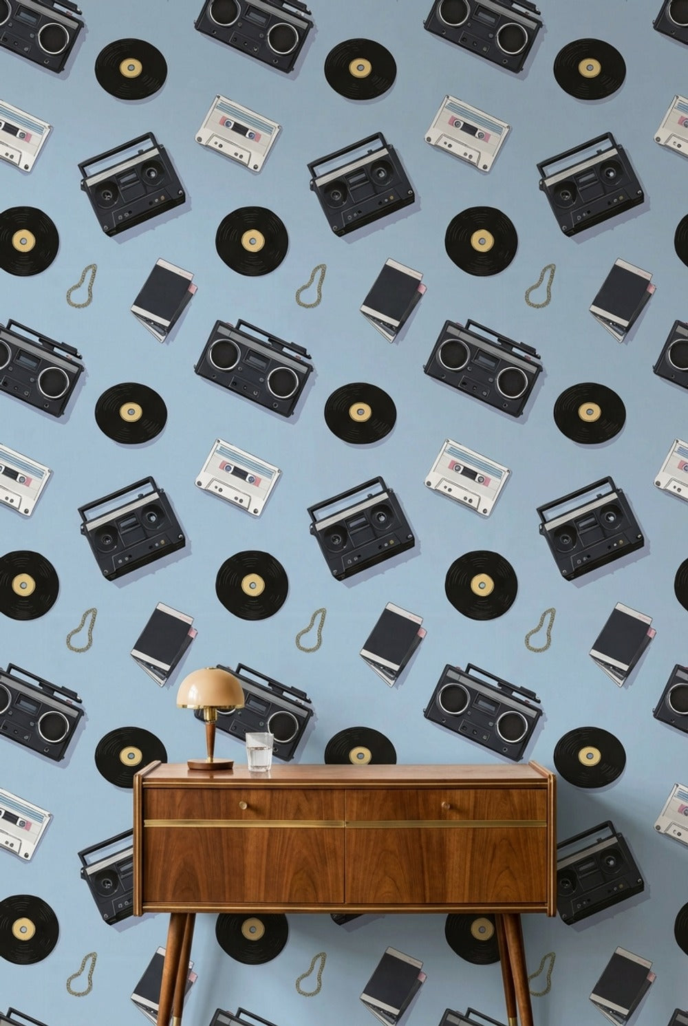 Retro Müzik Temalı Duvar Kağıdı Mavi Kaset Plak Desenli