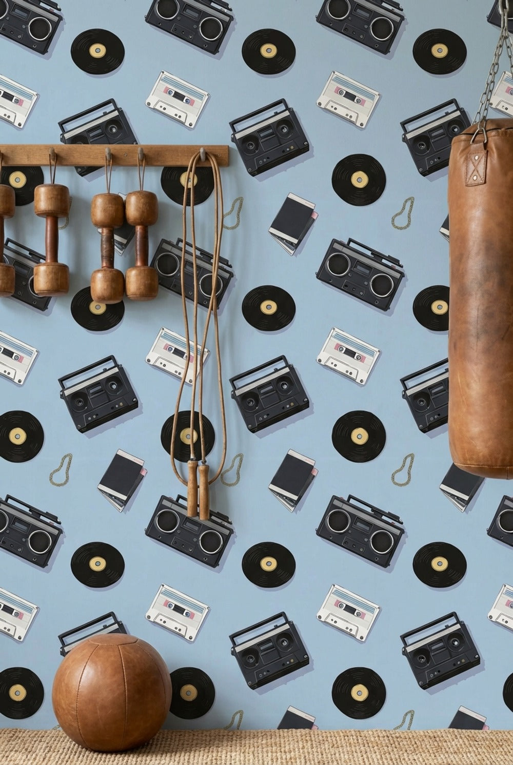 Retro Müzik Temalı Duvar Kağıdı Mavi Kaset Plak Desenli