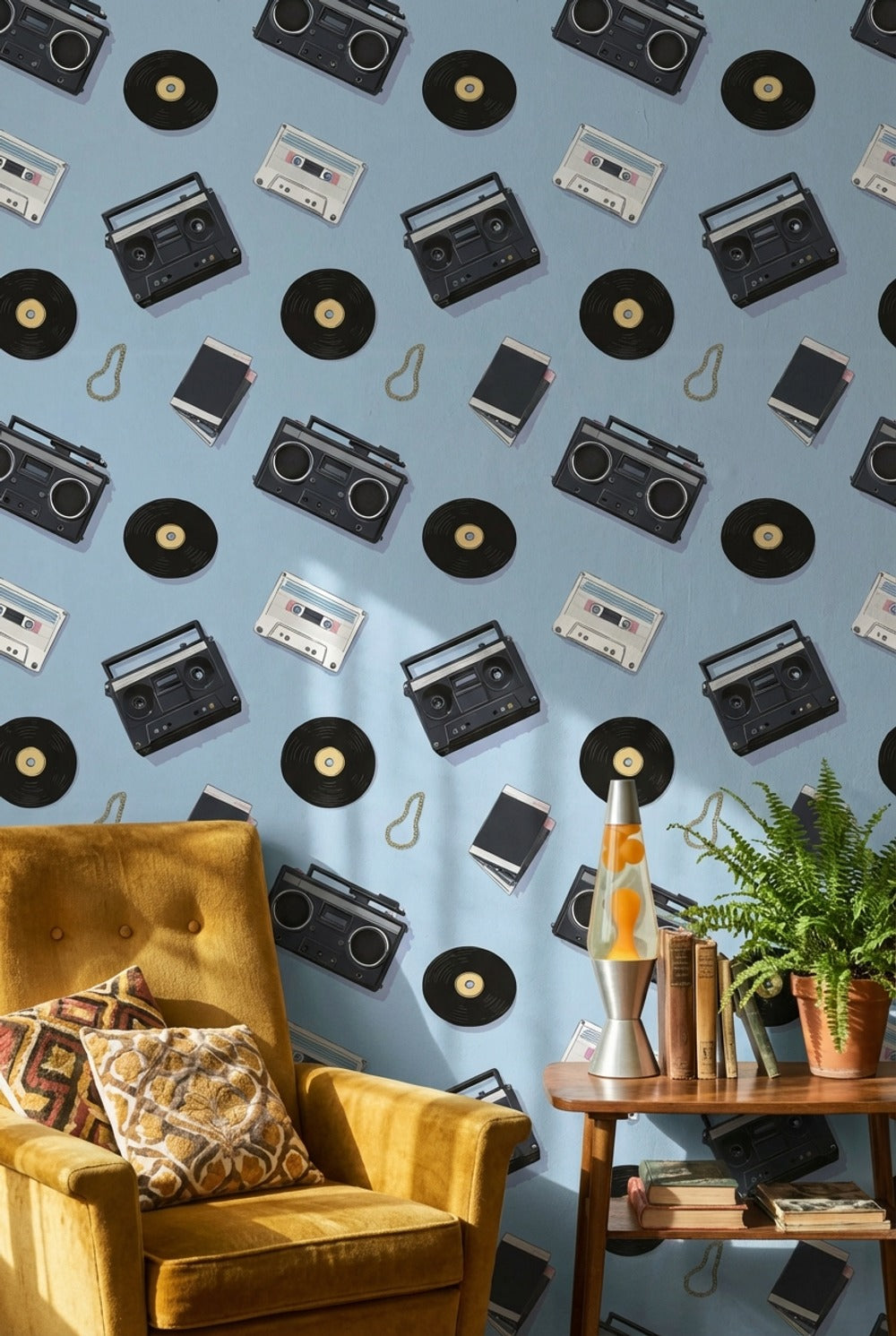 Retro Müzik Temalı Duvar Kağıdı Mavi Kaset Plak Desenli