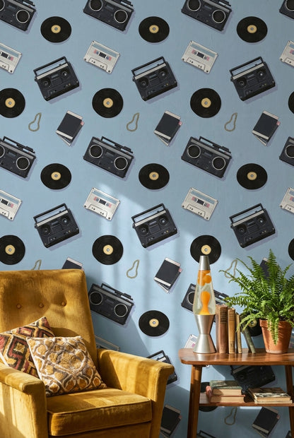 Retro Müzik Temalı Duvar Kağıdı Mavi Kaset Plak Desenli