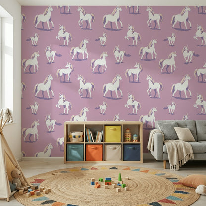 Unicorn Desenli Duvar Kağıdı Mor Zemin Çocuk Odası
