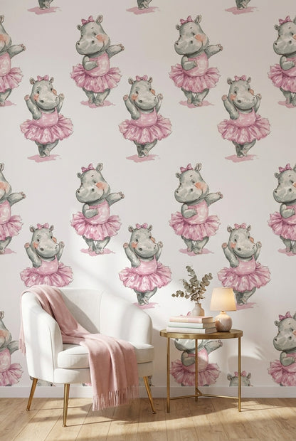 Balerin Su Aygırı Duvar Kağıdı Pembe Çocuk Odası Desenli