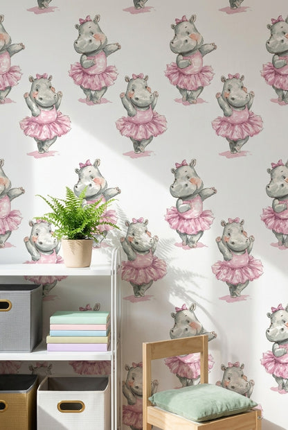 Balerin Su Aygırı Duvar Kağıdı Pembe Çocuk Odası Desenli