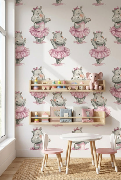 Balerin Su Aygırı Duvar Kağıdı Pembe Çocuk Odası Desenli