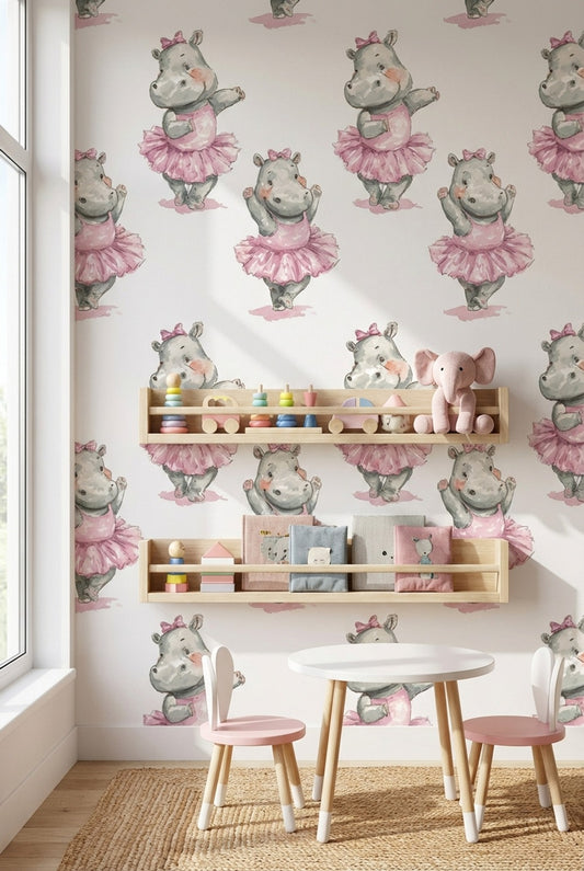Balerin Su Aygırı Duvar Kağıdı Pembe Çocuk Odası Desenli