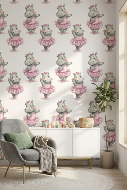 Balerin Su Aygırı Duvar Kağıdı Pembe Çocuk Odası Desenli