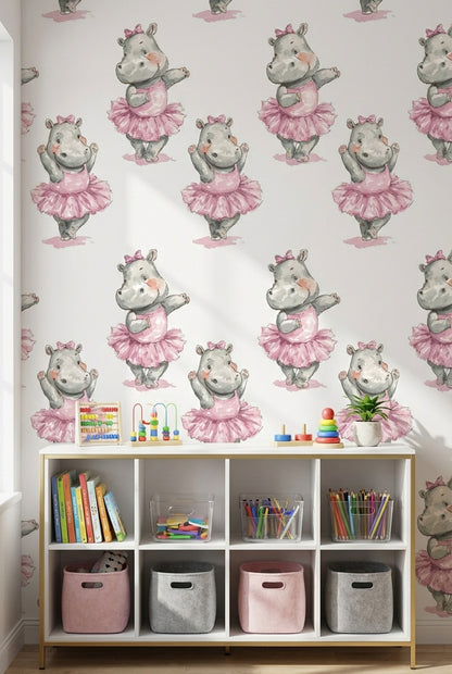 Balerin Su Aygırı Duvar Kağıdı Pembe Çocuk Odası Desenli