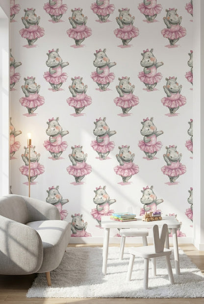 Balerin Su Aygırı Duvar Kağıdı Pembe Çocuk Odası Desenli