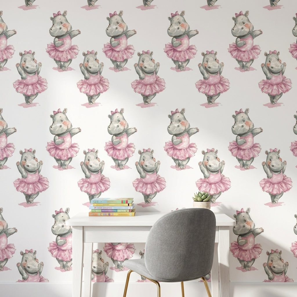 Balerin Su Aygırı Duvar Kağıdı Pembe Çocuk Odası Desenli