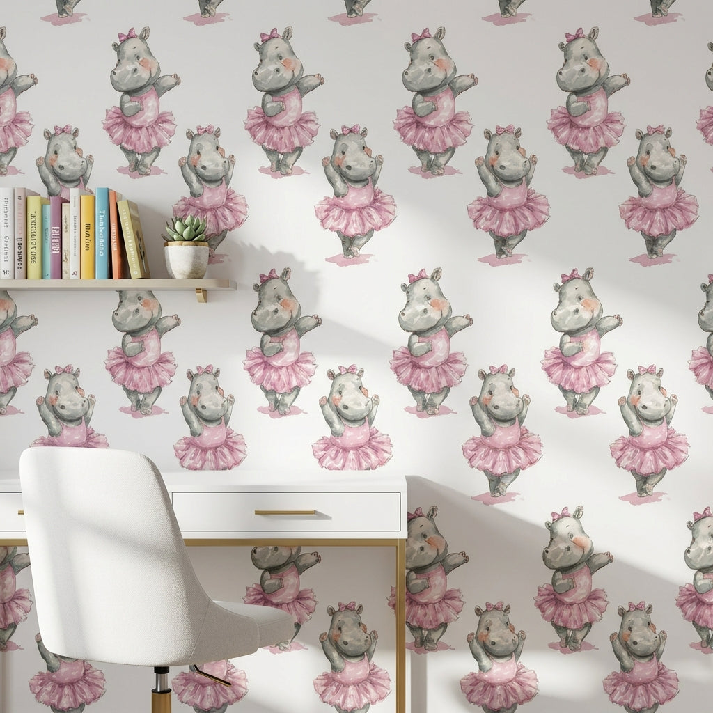 Balerin Su Aygırı Duvar Kağıdı Pembe Çocuk Odası Desenli