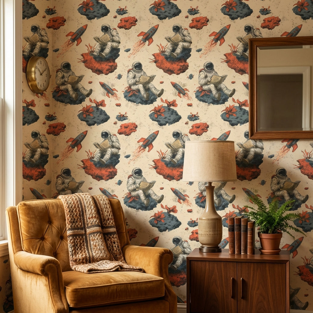 Astronot ve Roket Desenli Duvar Kağıdı Krem Genç Odası