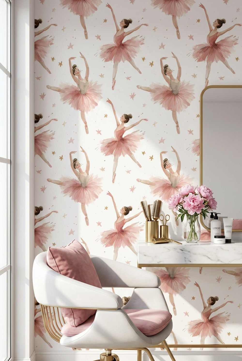 Pembe Balerinli Duvar Kağıdı Yıldız Desenli Çocuk Odası
