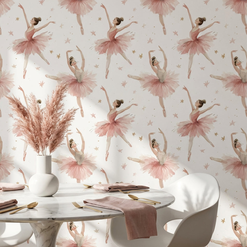 Pembe Balerinli Duvar Kağıdı Yıldız Desenli Çocuk Odası