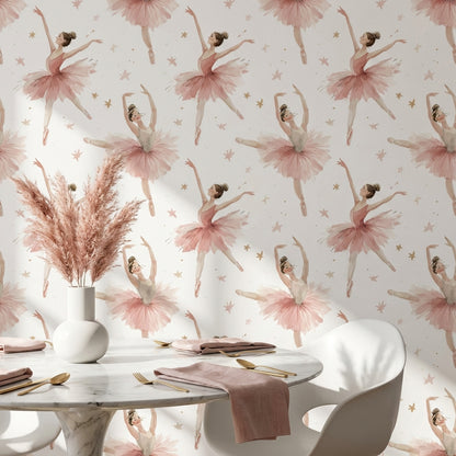 Pembe Balerinli Duvar Kağıdı Yıldız Desenli Çocuk Odası