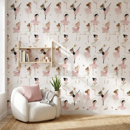 Balerin Desenli Duvar Kağıdı Pembe Krem Çocuk Odası