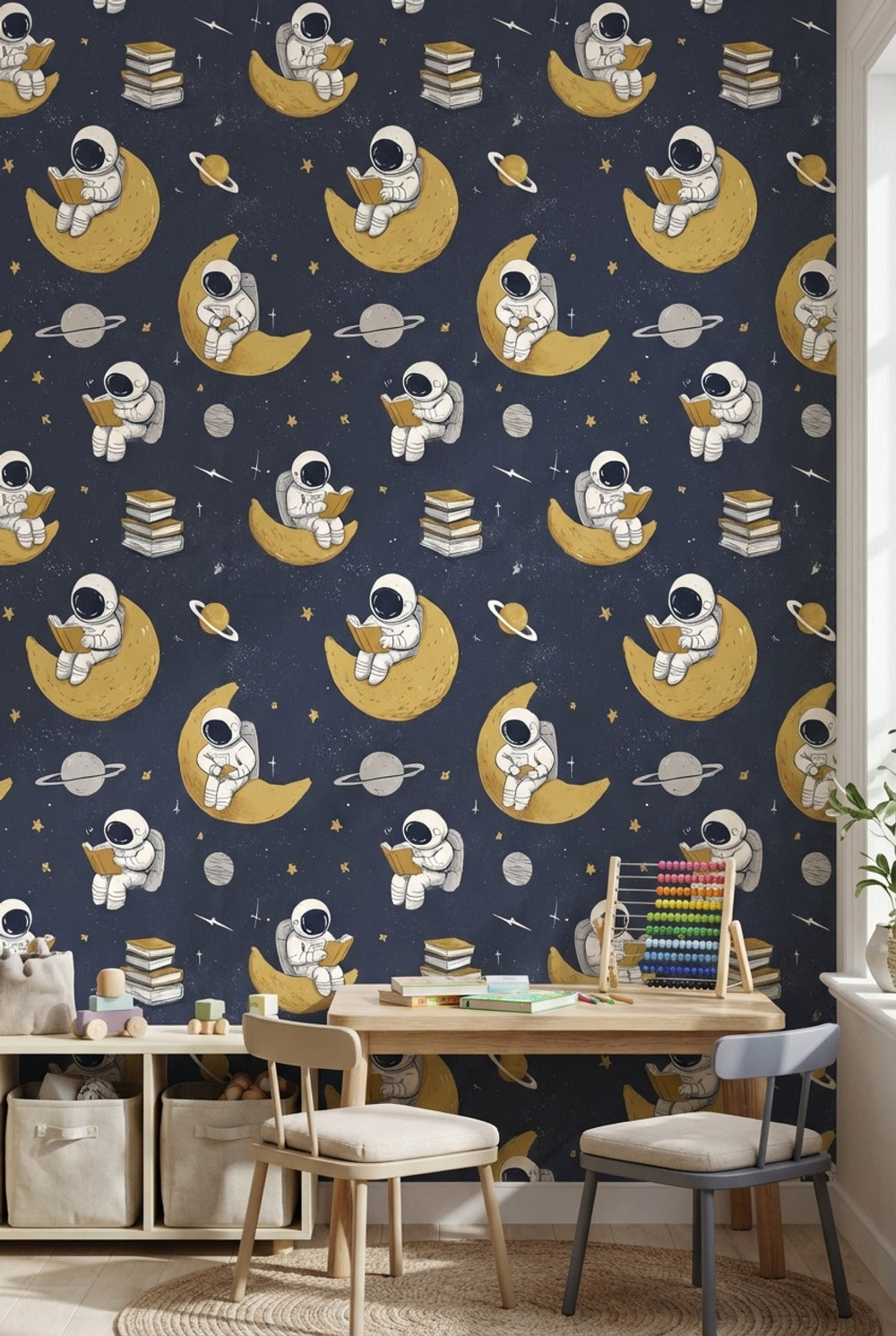 Astronotlu Uzay Duvar Kağıdı Lacivert Çocuk Odası Desenli