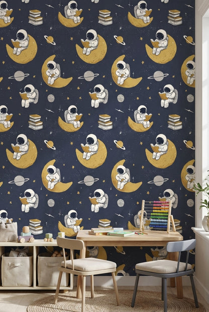 Astronotlu Uzay Duvar Kağıdı Lacivert Çocuk Odası Desenli