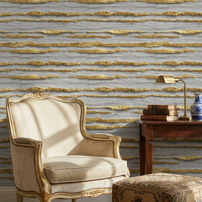 Altın Çizgili Taş Görünümlü Duvar Kağıdı Gri Modern Salon