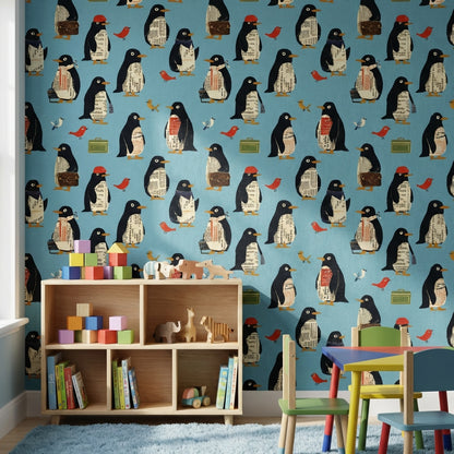 Penguen Desenli Duvar Kağıdı Mavi Çocuk Odası Duvar Dekoru