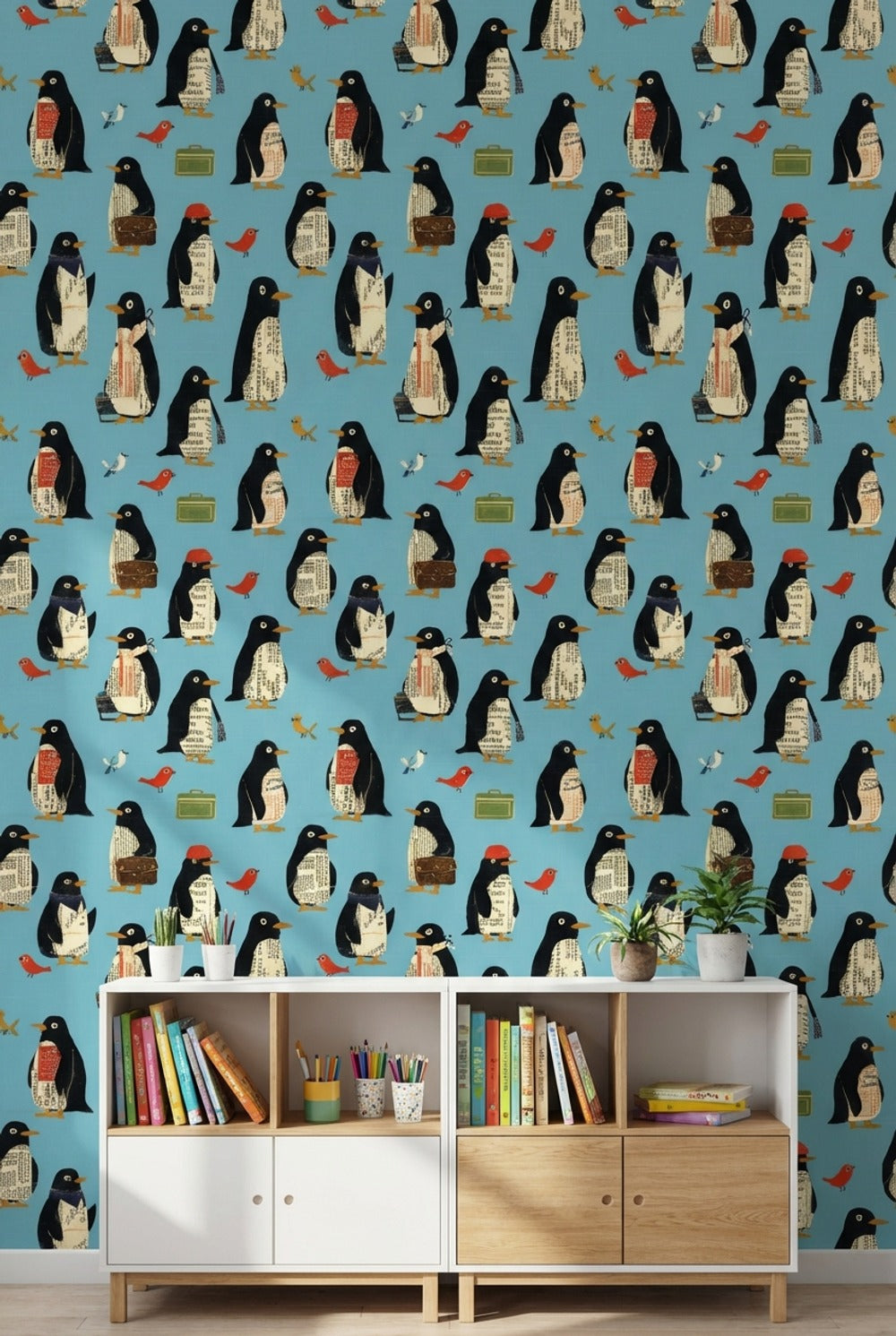 Penguen Desenli Duvar Kağıdı Mavi Çocuk Odası Duvar Dekoru