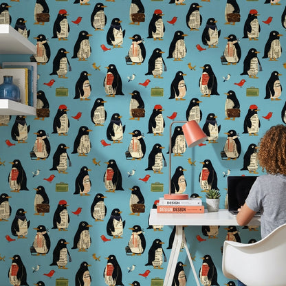 Penguen Desenli Duvar Kağıdı Mavi Çocuk Odası Duvar Dekoru