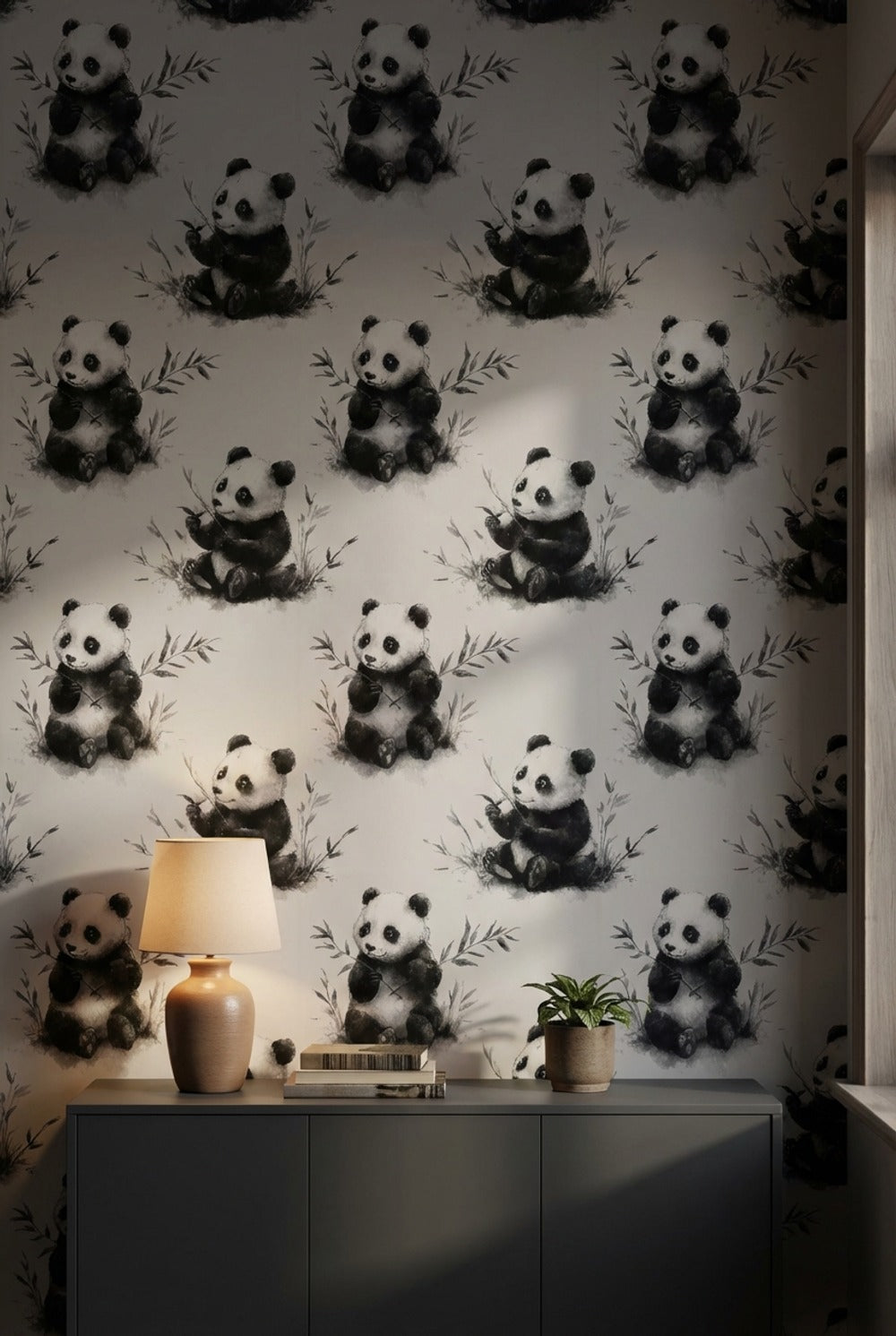 Panda Desenli Duvar Kağıdı Gri Tonlu Çocuk Odası