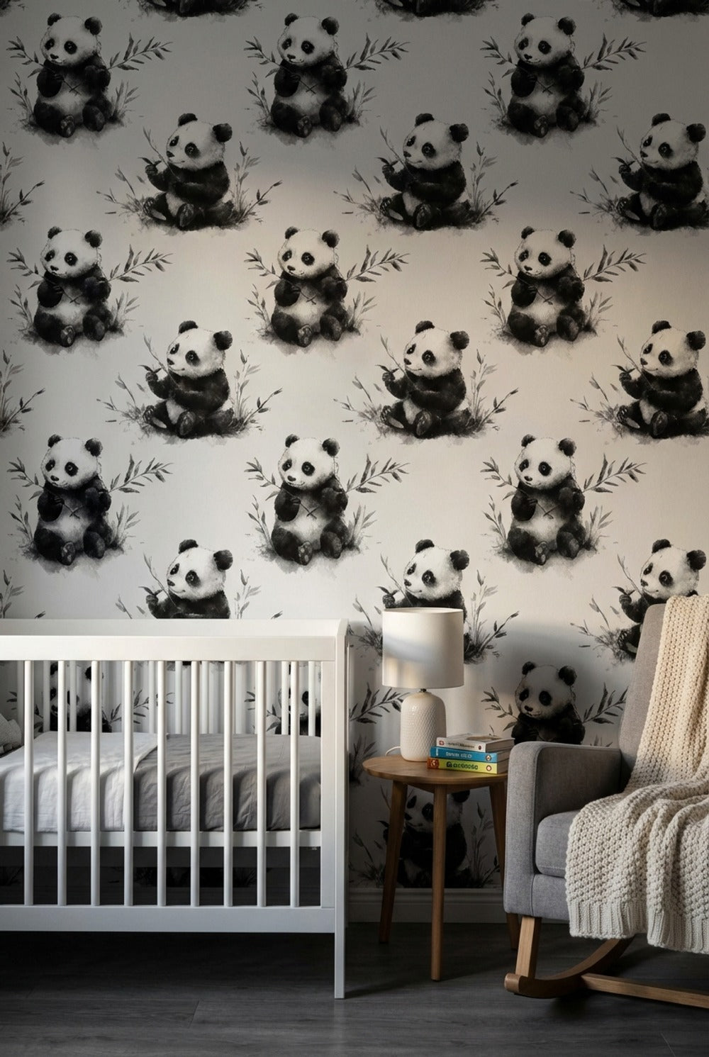 Panda Desenli Duvar Kağıdı Gri Tonlu Çocuk Odası