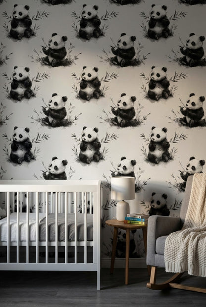 Panda Desenli Duvar Kağıdı Gri Tonlu Çocuk Odası