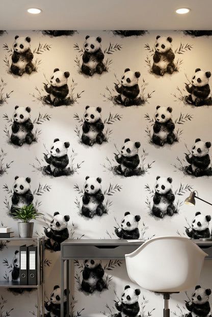 Panda Desenli Duvar Kağıdı Gri Tonlu Çocuk Odası