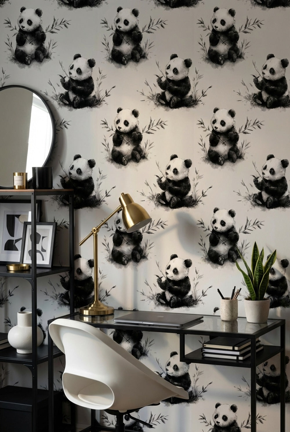 Panda Desenli Duvar Kağıdı Gri Tonlu Çocuk Odası