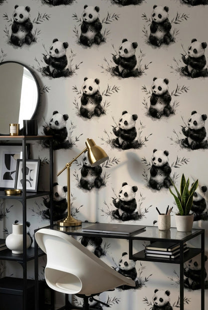 Panda Desenli Duvar Kağıdı Gri Tonlu Çocuk Odası