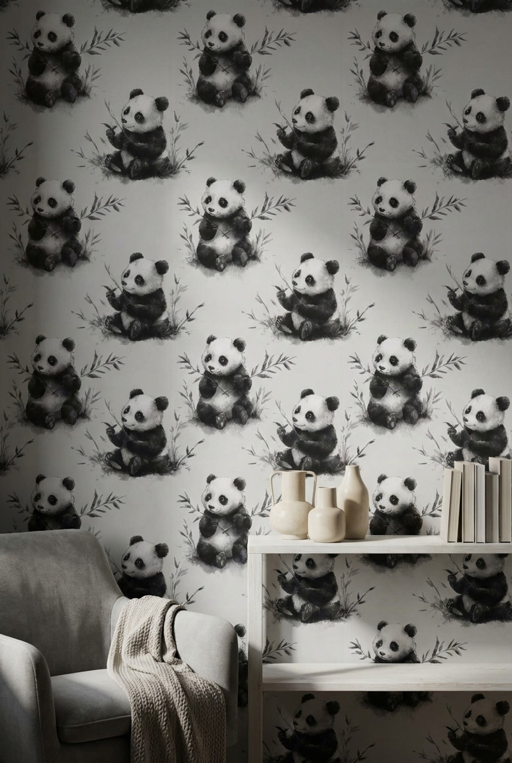Panda Desenli Duvar Kağıdı Gri Tonlu Çocuk Odası