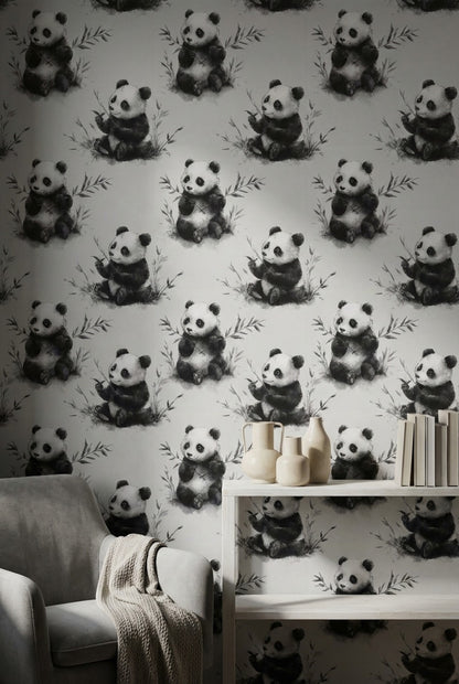 Panda Desenli Duvar Kağıdı Gri Tonlu Çocuk Odası